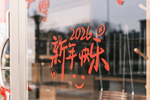 Red Chinese characters with 2026 on a glass door, symbolizing New Year celebrations.