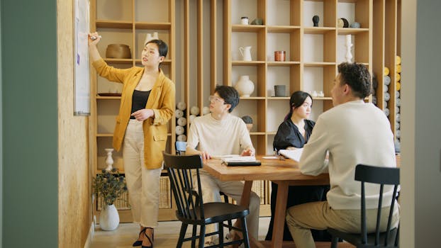 A group of professionals brainstorming and planning on a whiteboard in a stylish office setting.