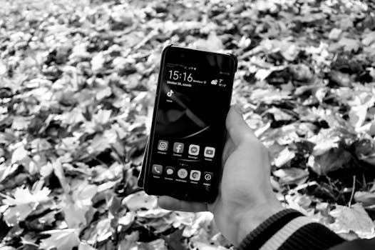 Black and white image of a hand holding a smartphone displaying social media apps, surrounded by fallen leaves.