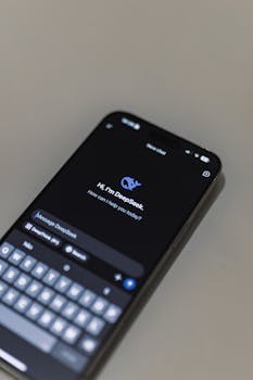 Close-up of smartphone screen showing AI chatbot interface, featuring DeepSeek AI conversation.