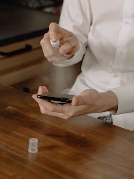 An individual using sanitizer to clean their smartphone at home.